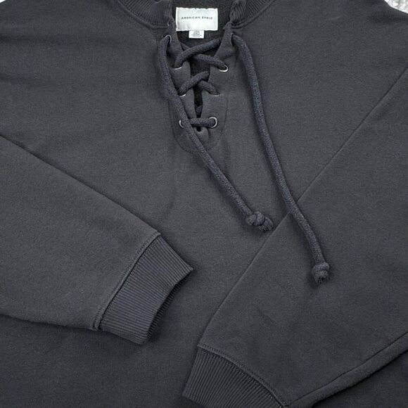 American Eagle Lace Up Fleece Cropped Sweatshirt Charcoal Gray - Picture 8 of 9
